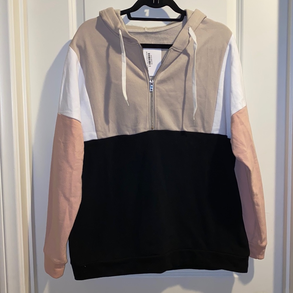 Shewin. NWT. XL. Quarter Zip Pullover Hoodie. Black White Dusty Rose Taupe